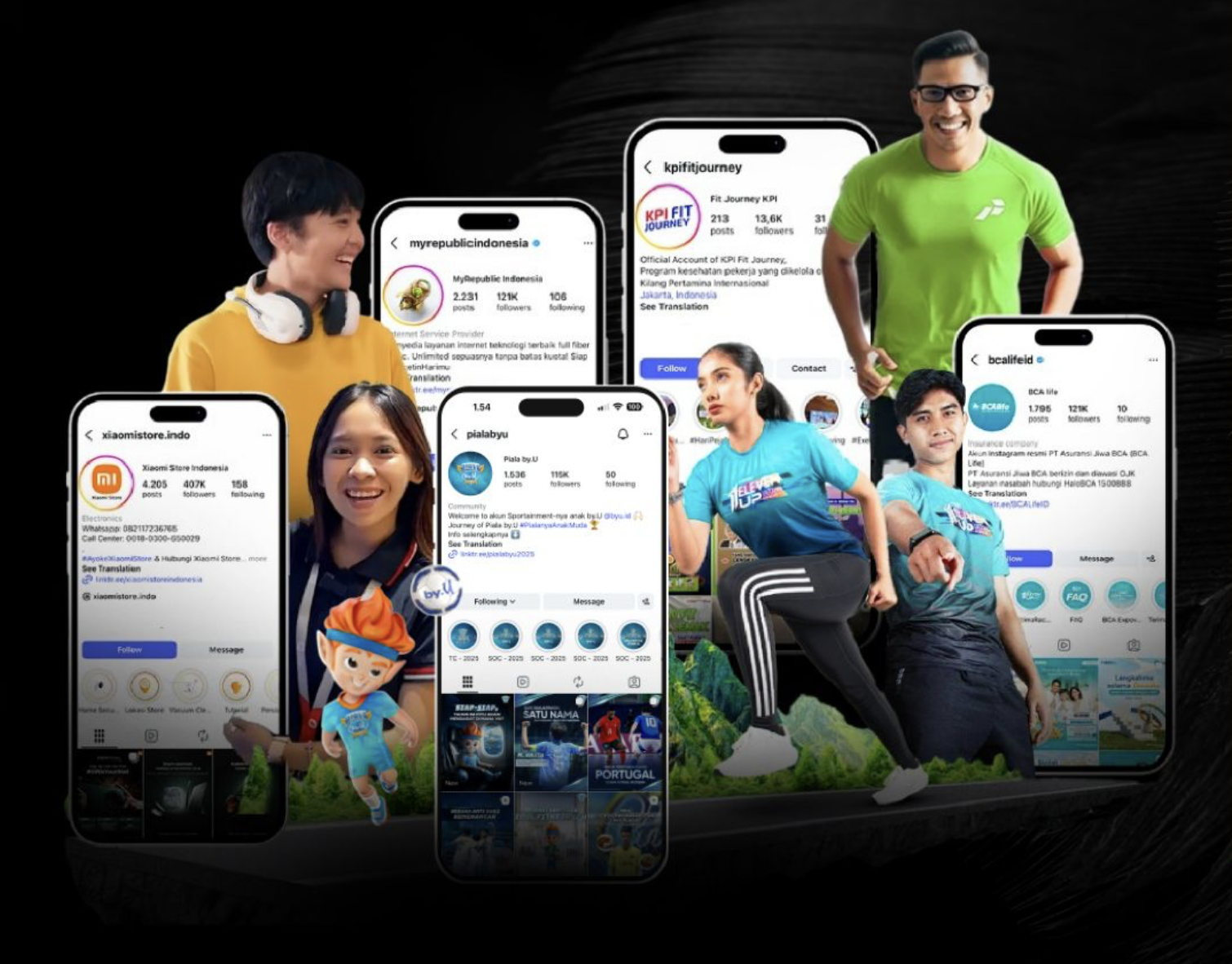 Client social accounts and talent — Xiaomi, MyRepublic, KPI Fit Journey, Piala by.U, BCA Life
